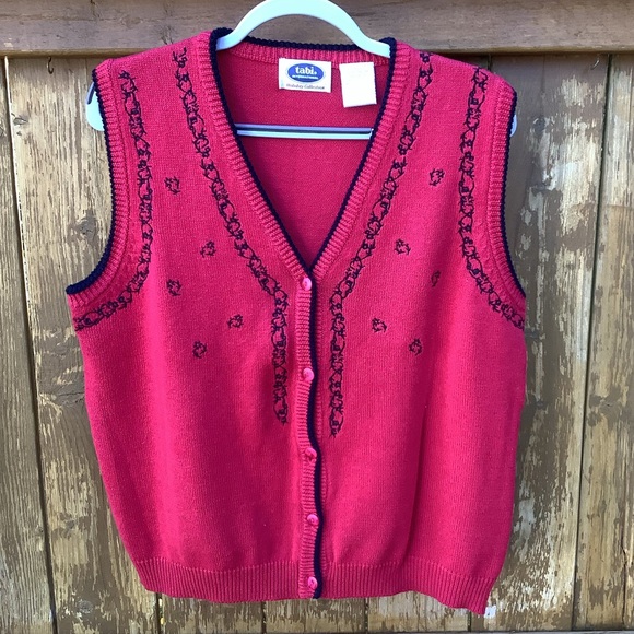 Tabi International Sweaters - VTG TABI Holiday Edition Red with Black Trim Button Up Vest 100% Cotton Size L